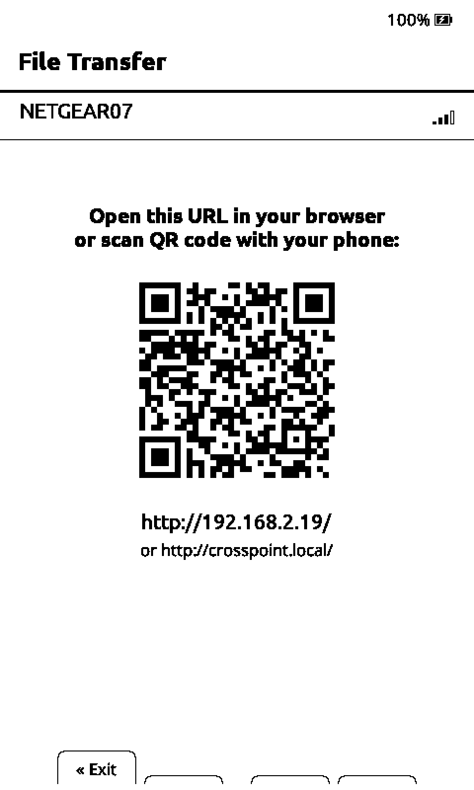 File Transfer screen showing the address of the web settings page and a QR code