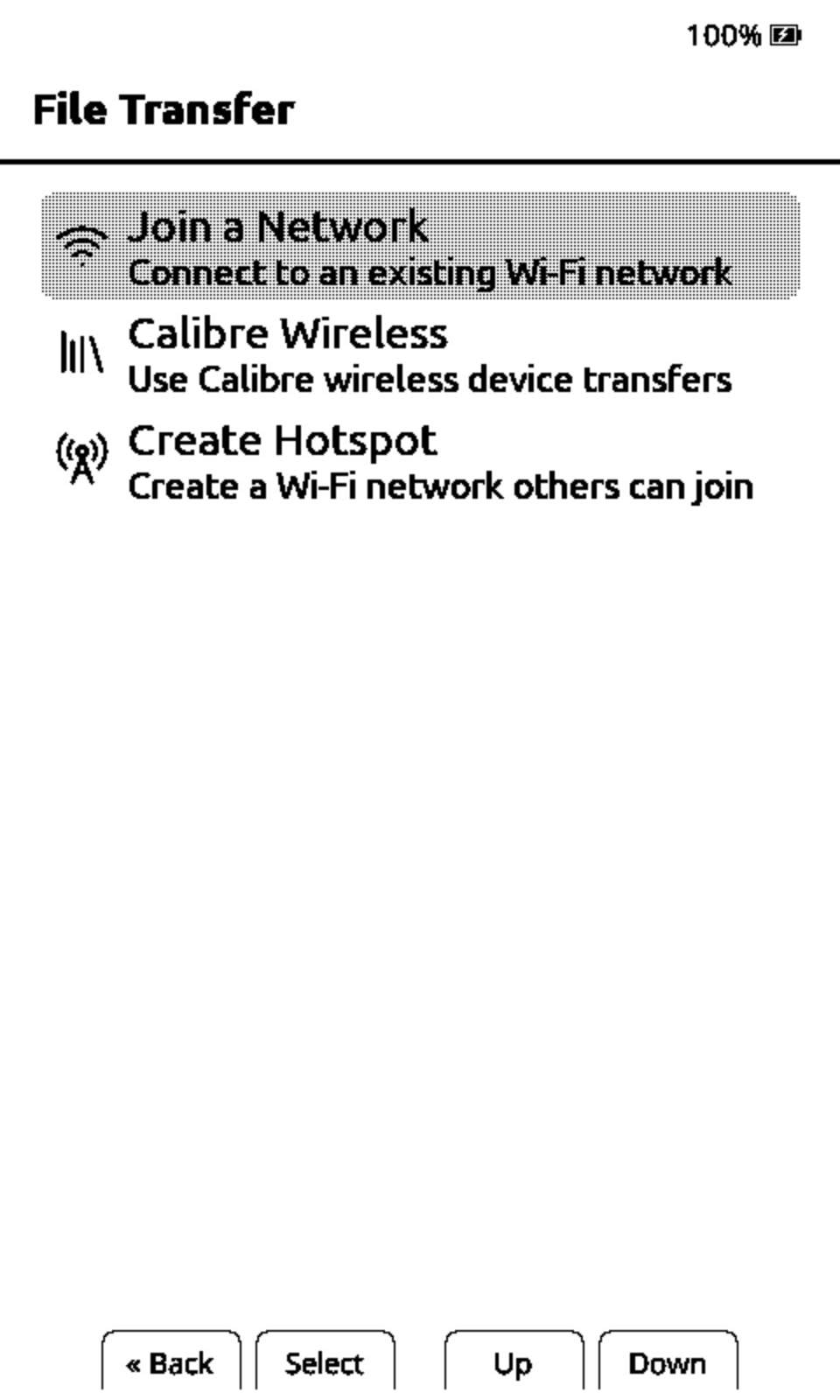 File Transfer options with Join a Network selected