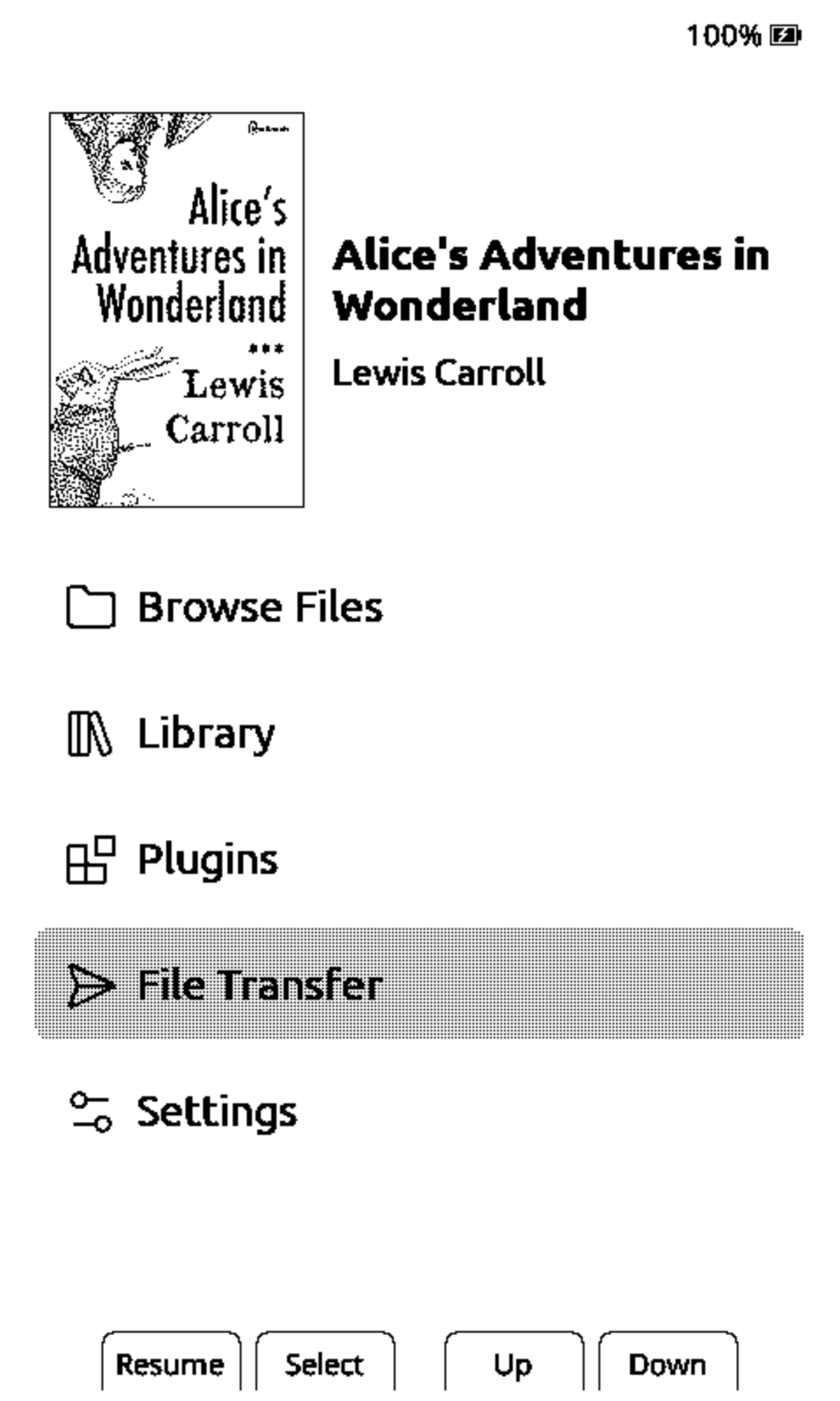 CrossPoint home screen with File Transfer selected