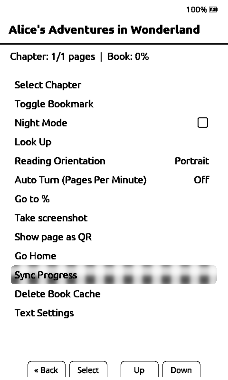 The CrossPoint reader menu with Sync Progress selected