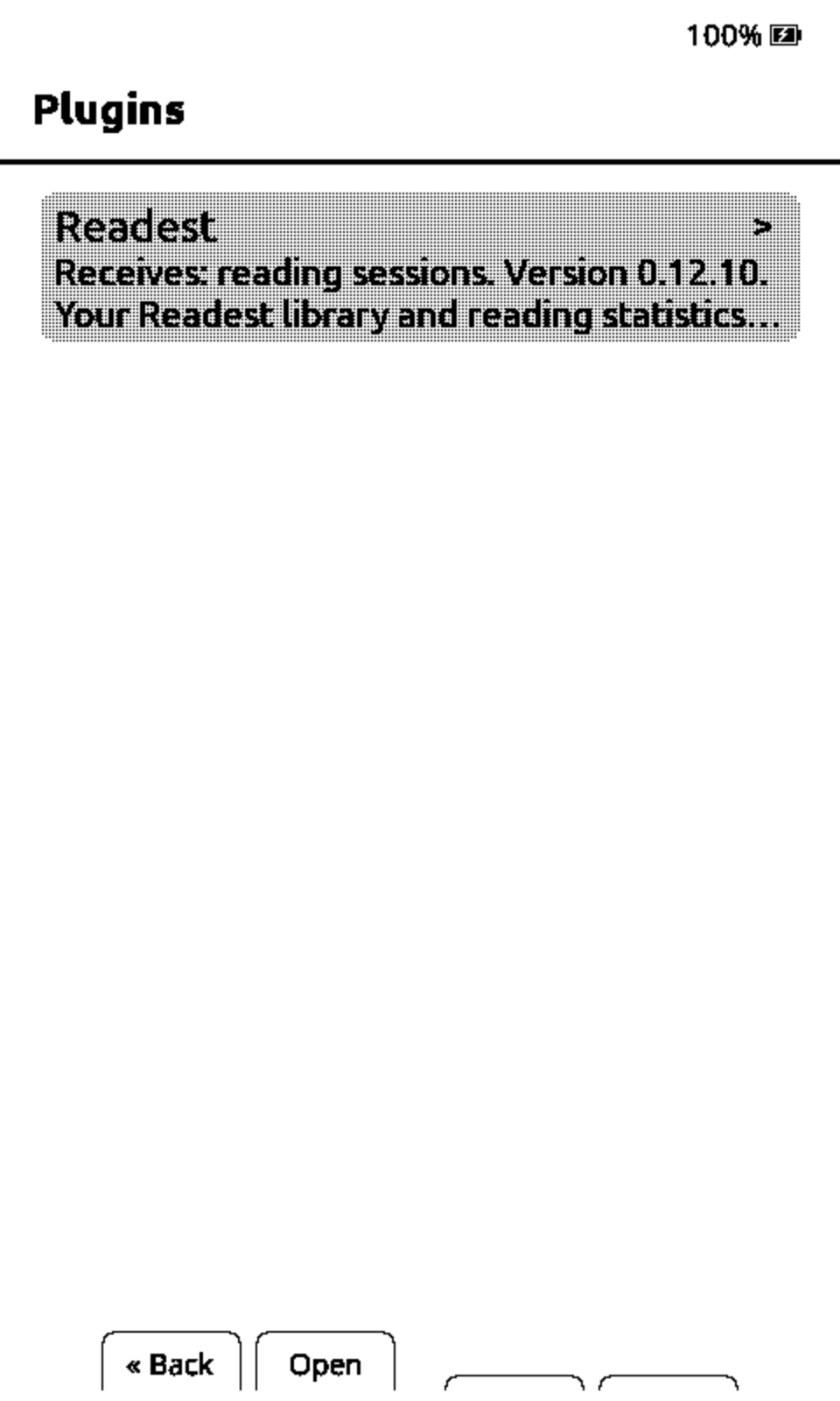 The Plugins list on a CrossPoint reader showing Readest, version 0.12.10