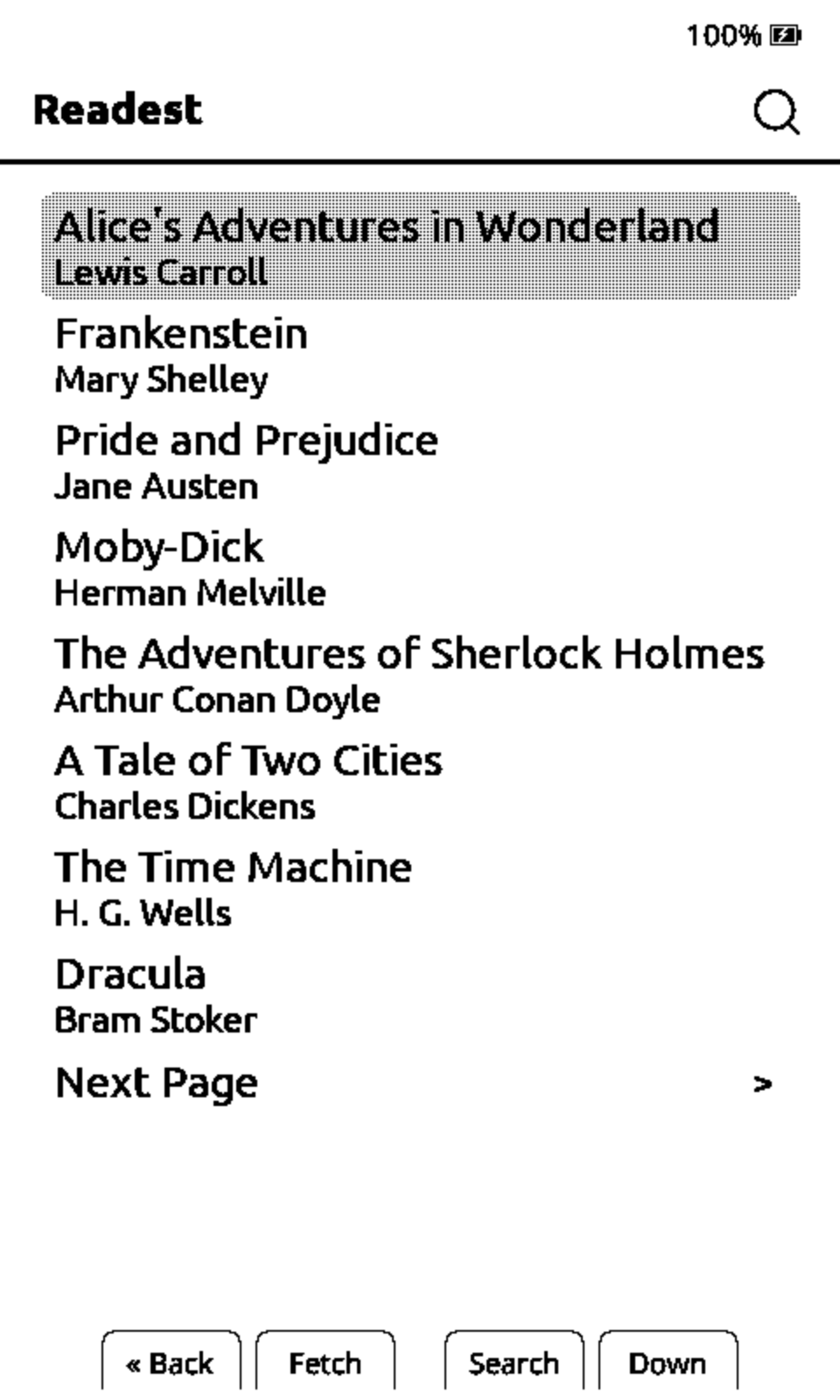 The Readest library on a CrossPoint reader, listing books with their authors