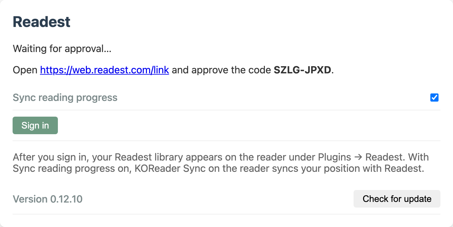 The Readest card waiting for approval, with the link https://web.readest.com/link and a code to approve