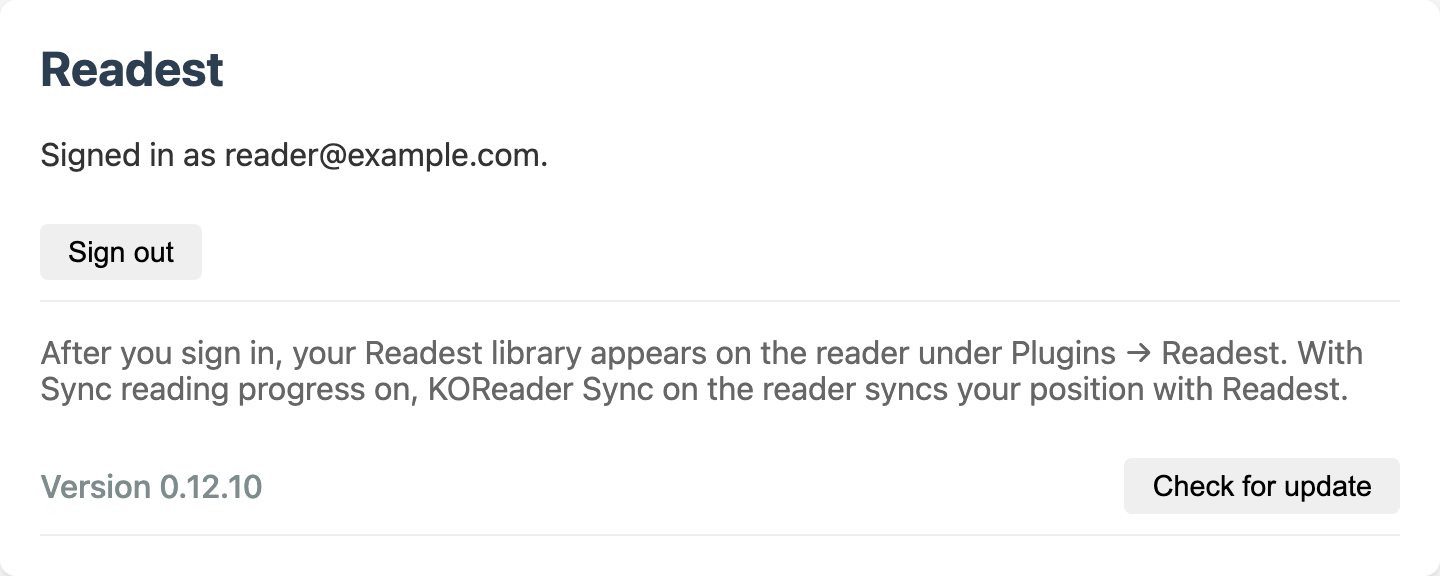 The Readest card signed in as reader@example.com, with a Sign out button and the plugin version