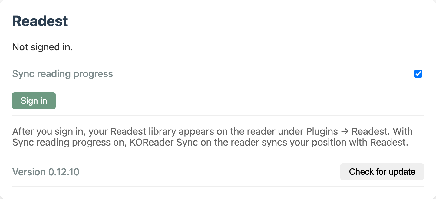The Readest card on the CrossPoint web Settings page, not signed in, with a Sync reading progress checkbox and a Sign in button