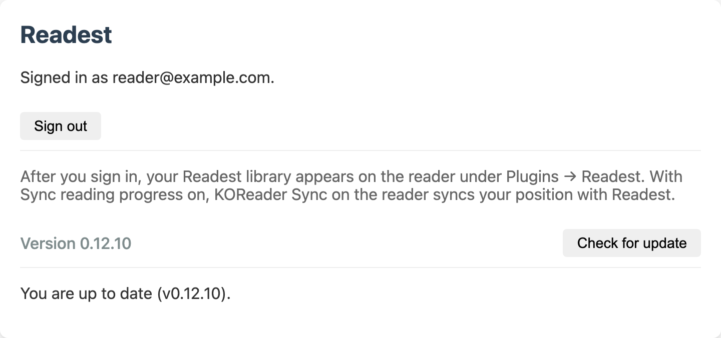The Readest card after checking for an update, saying it is up to date